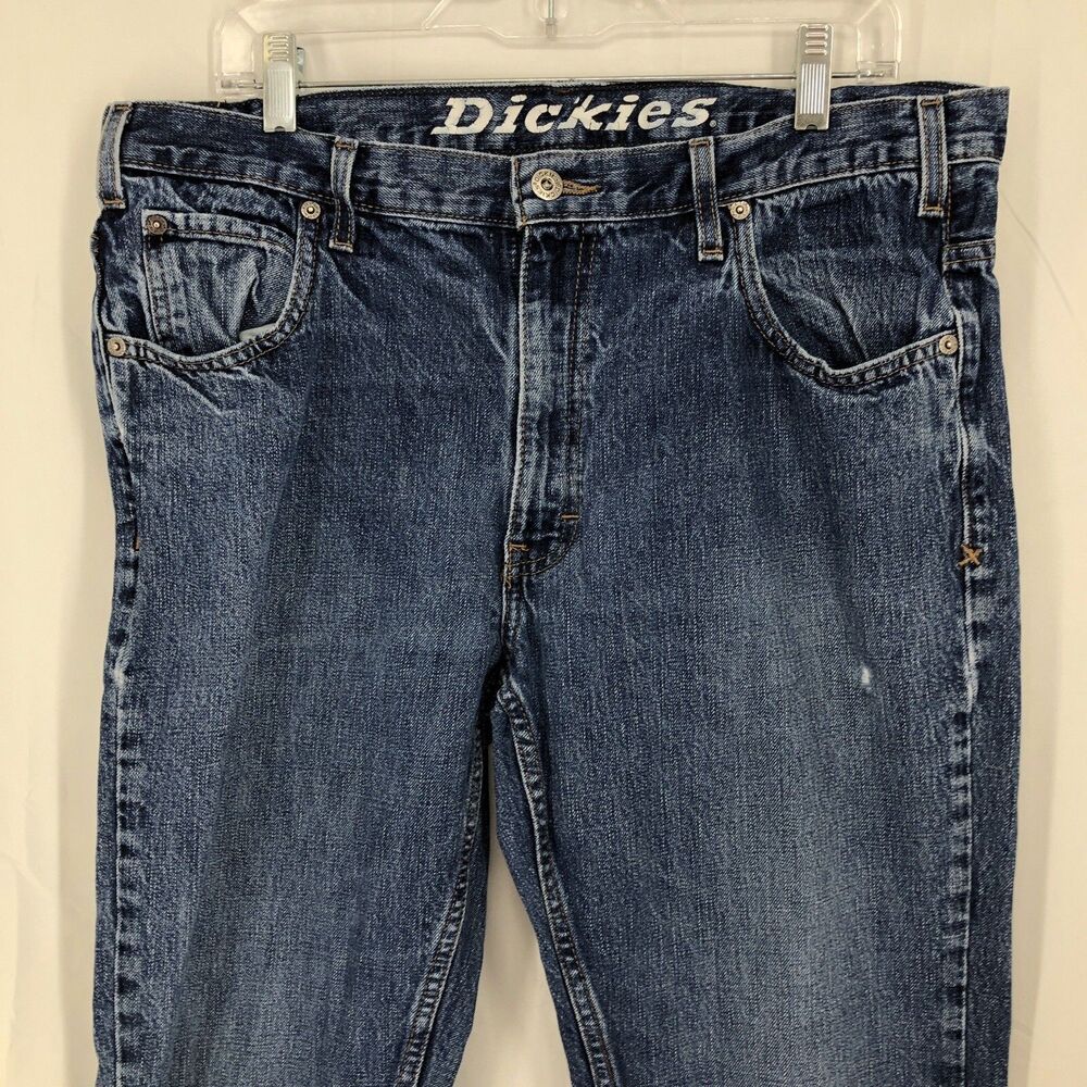 Dickies Slim Straight Straight Denim Blue Jeans 36x30 Leather Patch 100% Cotton